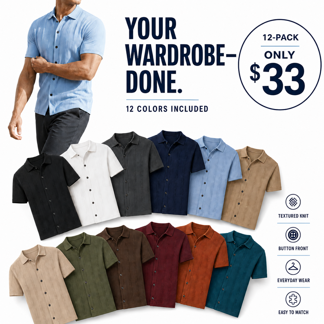 Men’s Ribbed Knit Button-Front Polo Shirt