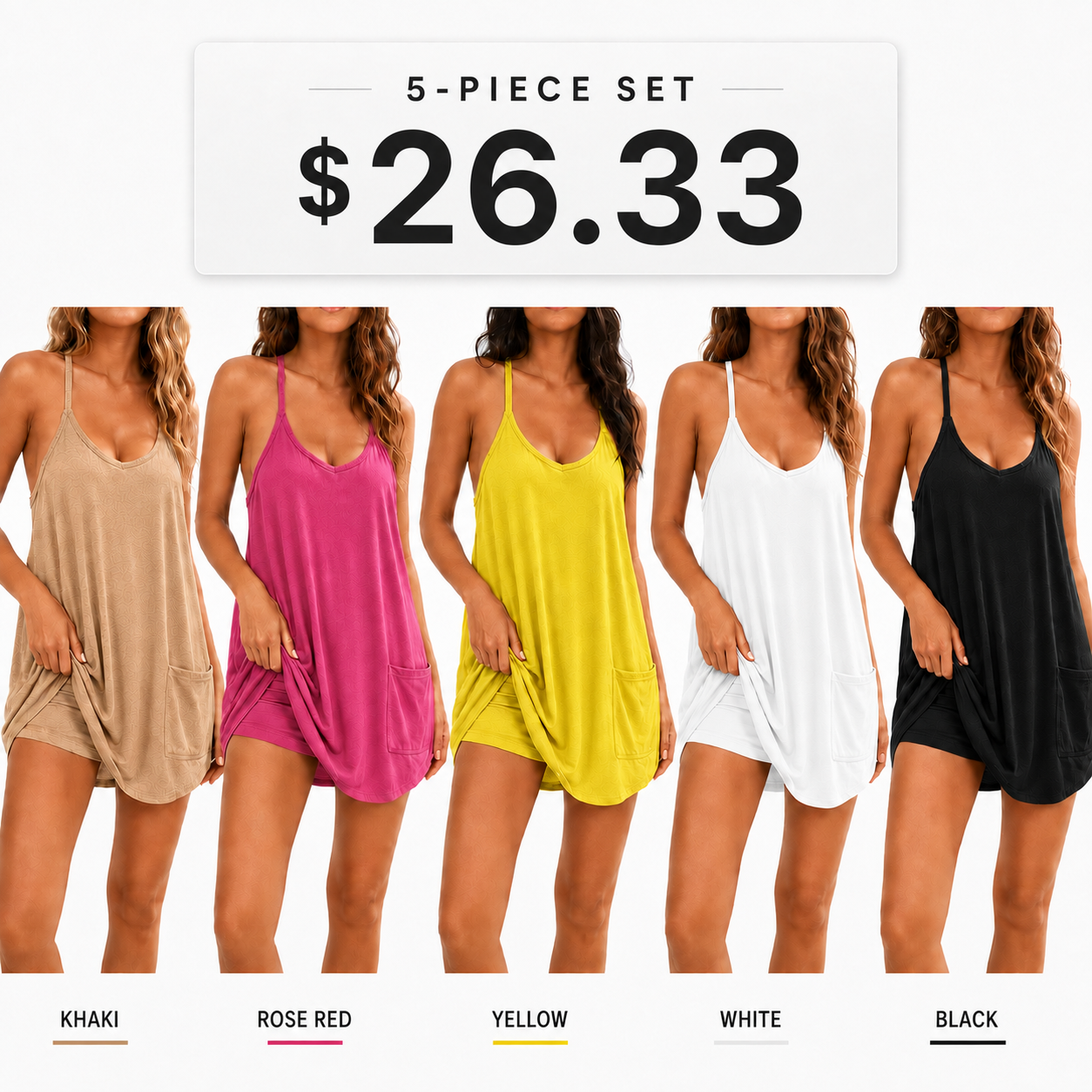 Women's Summer Sleeveless Mini Dress V neck Spaghetti Straps Athletic Built-in Shorts Sundress SummerVibes