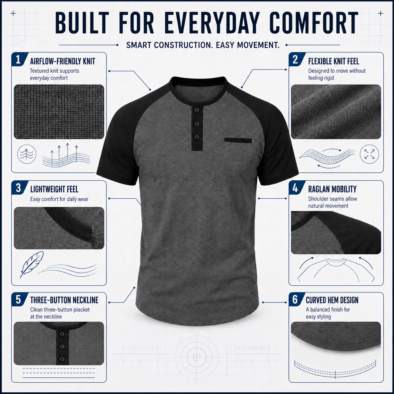 Visible construction features of the colorblock Henley shirt