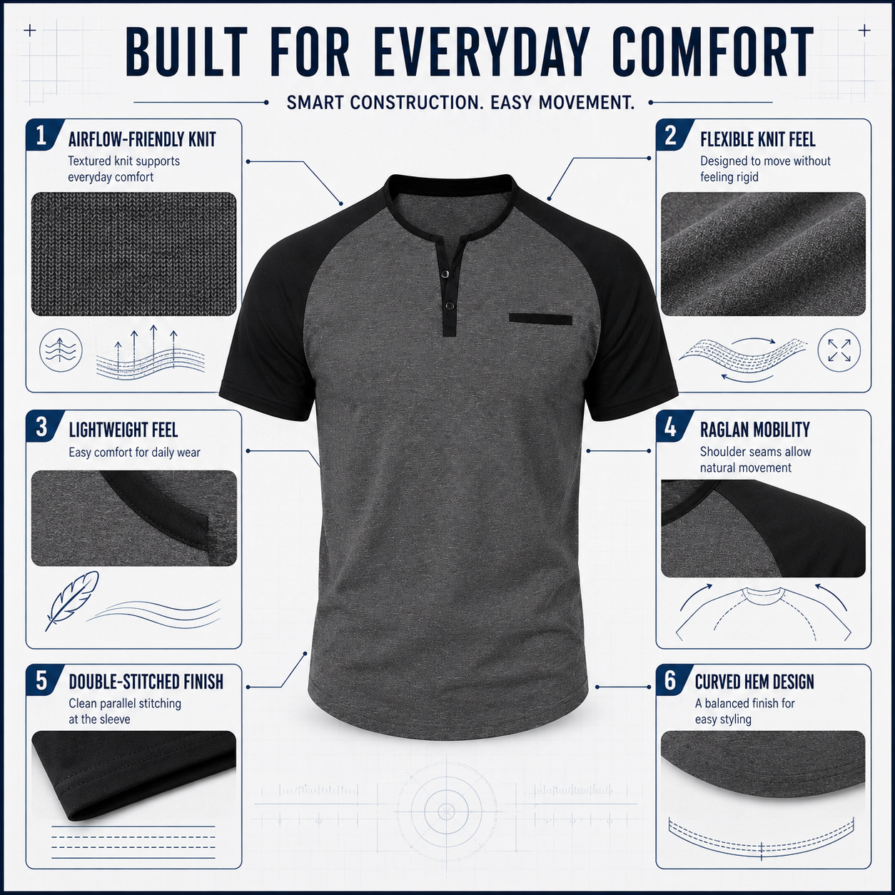 Men's Cotton Henley Short Sleeve Casual T-Shirts