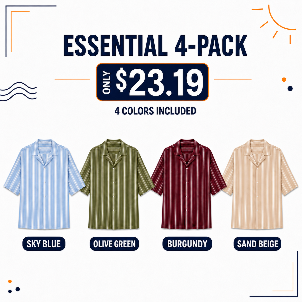 Men's Striped Summer Camp-Collar Shirts Multi-Pack