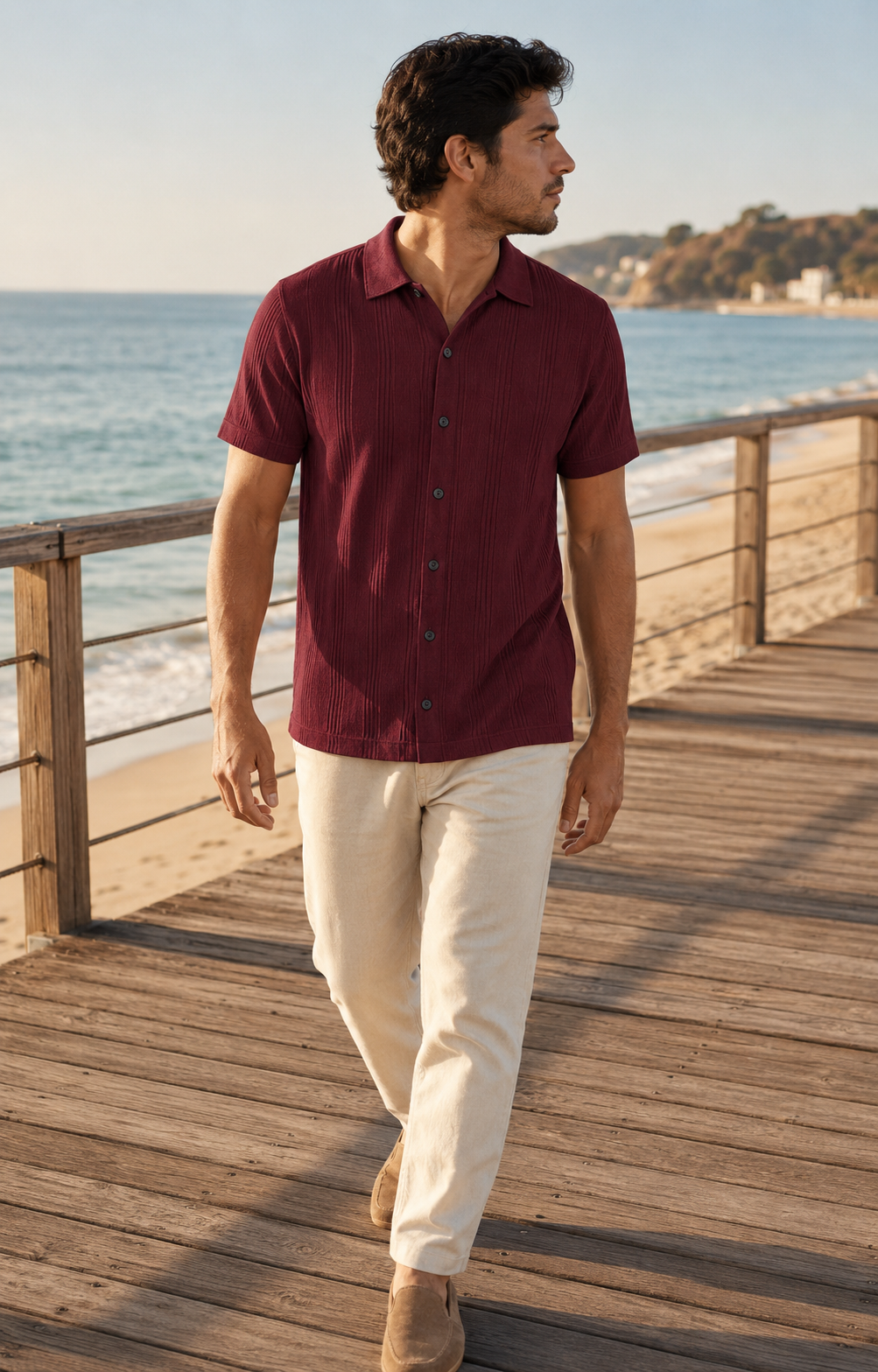 Men’s Ribbed Knit Button-Front Polo Shirt