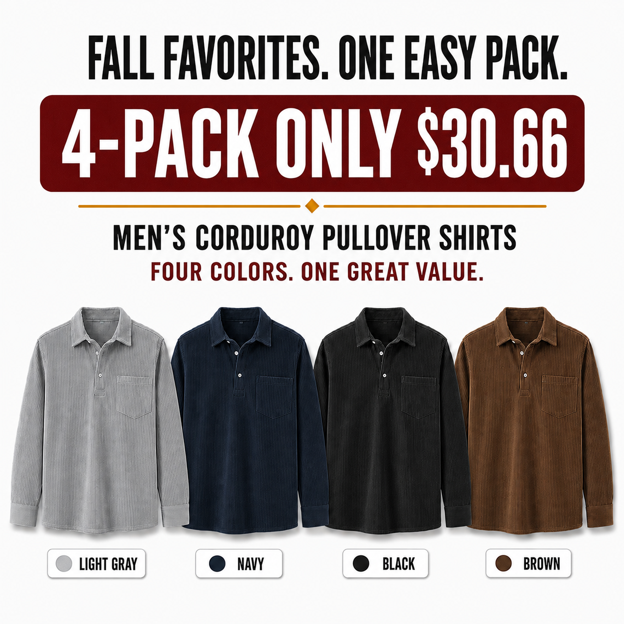 Men's Plain Pocket Half Button Corduroy Shirt, Casual Comfy Regular Fit Long Sleeve Collared Top For Fall & Winter, Men's Clothes For Daily Wear