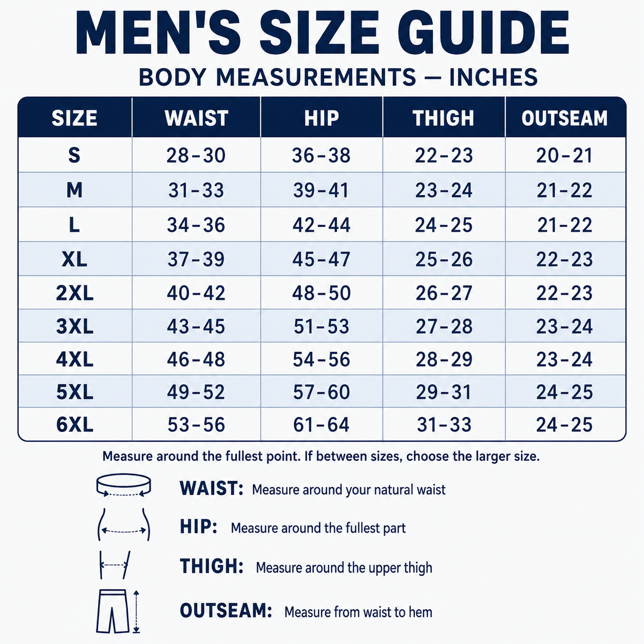 Men's cargo shorts body measurement size guide in inches