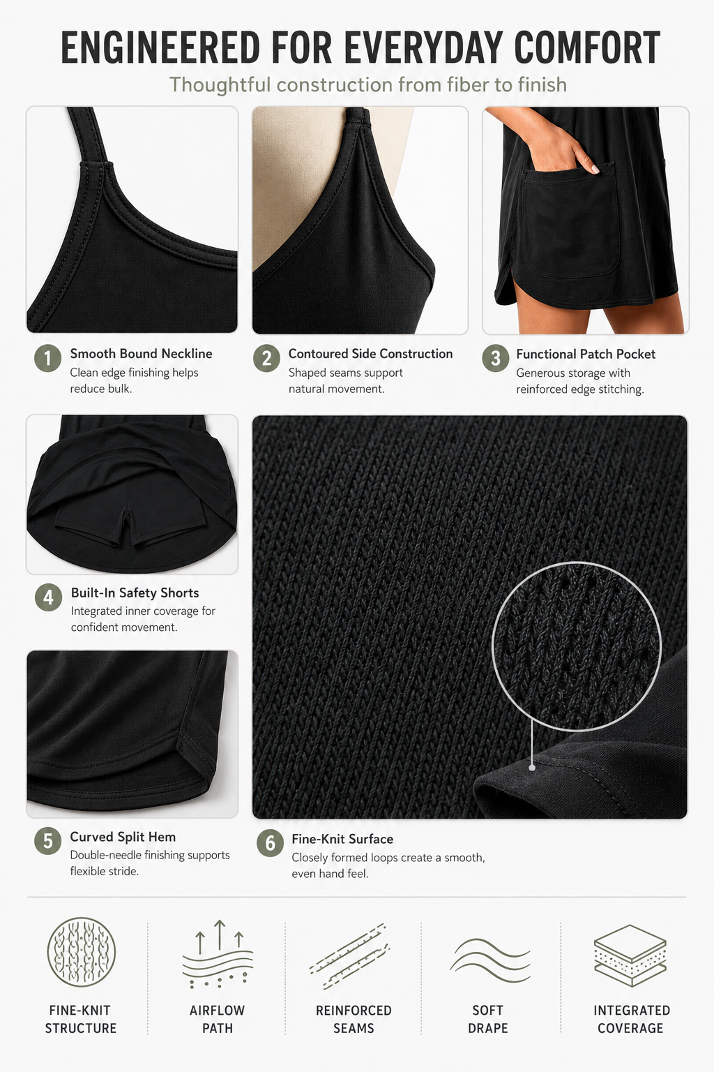 Dress neckline pockets hem and built-in shorts details
