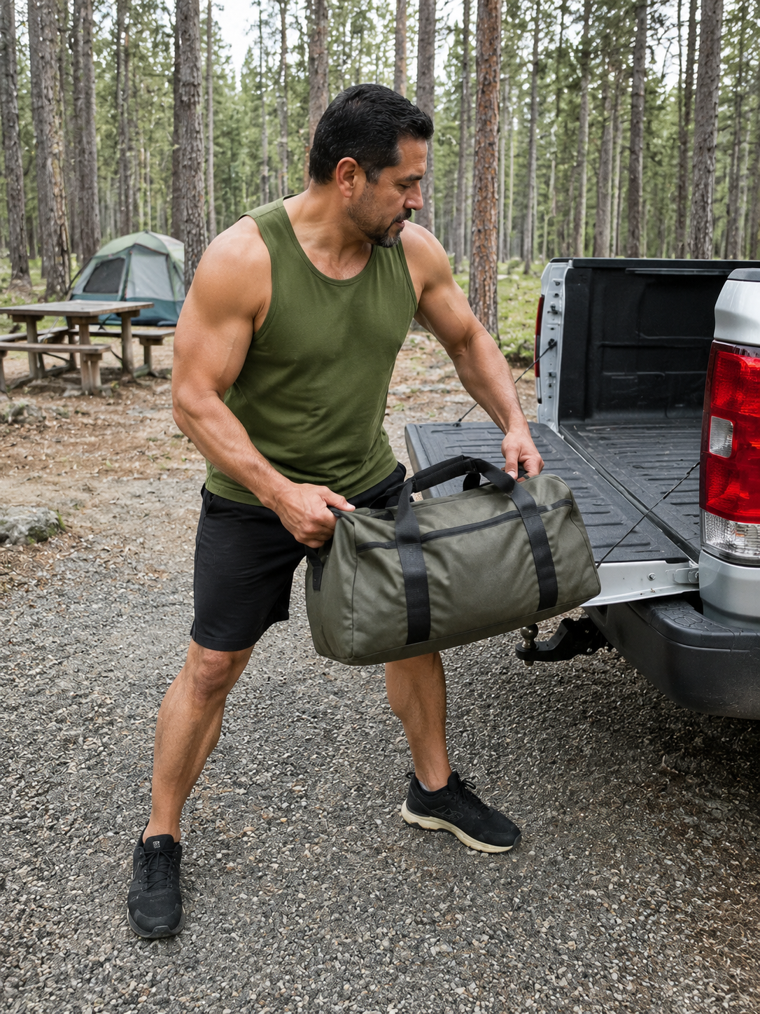 Olive athletic tank top in a campsite setting