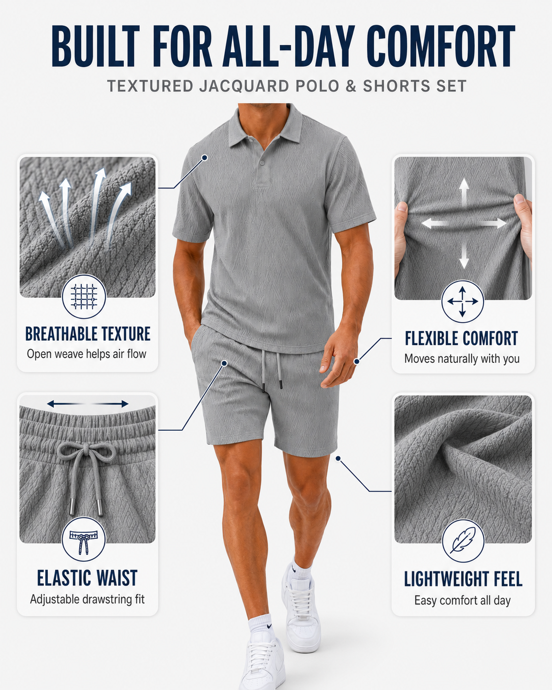   Men’s Textured Jacquard Polo Shirt & Drawstring Shorts Set