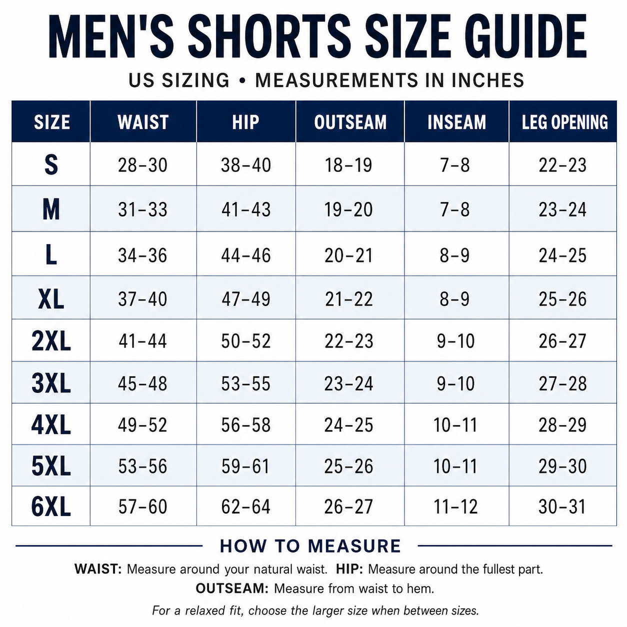 Men's athletic shorts size guide