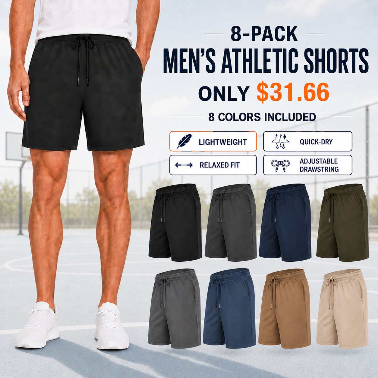 Men's Lightweight Quick-Dry Athletic Shorts Multi-Pack