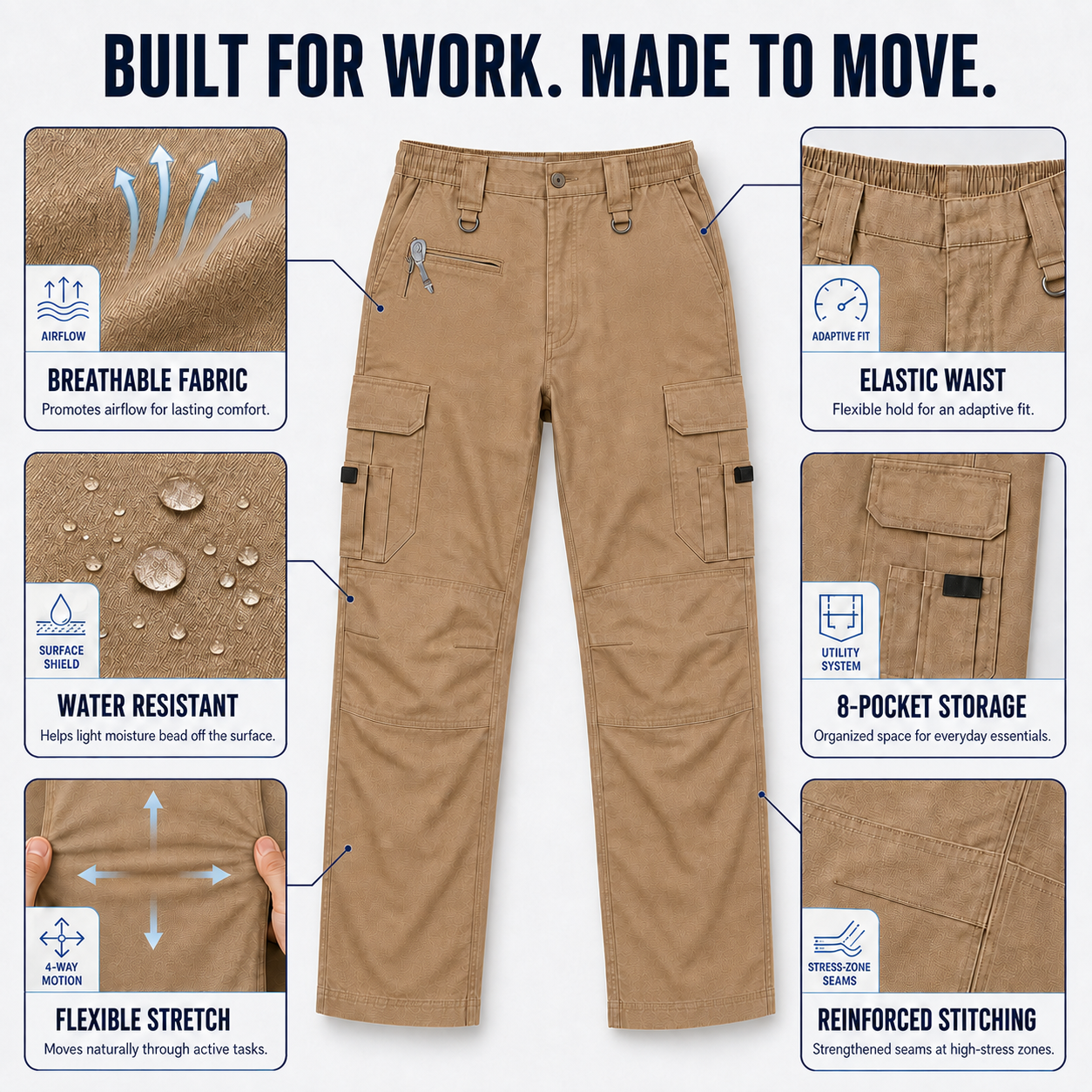 Men‘s Work Pants Water Resistant Elastic Waist Outdoor Breathable Cargo Tactical Pants with 8 Pockets