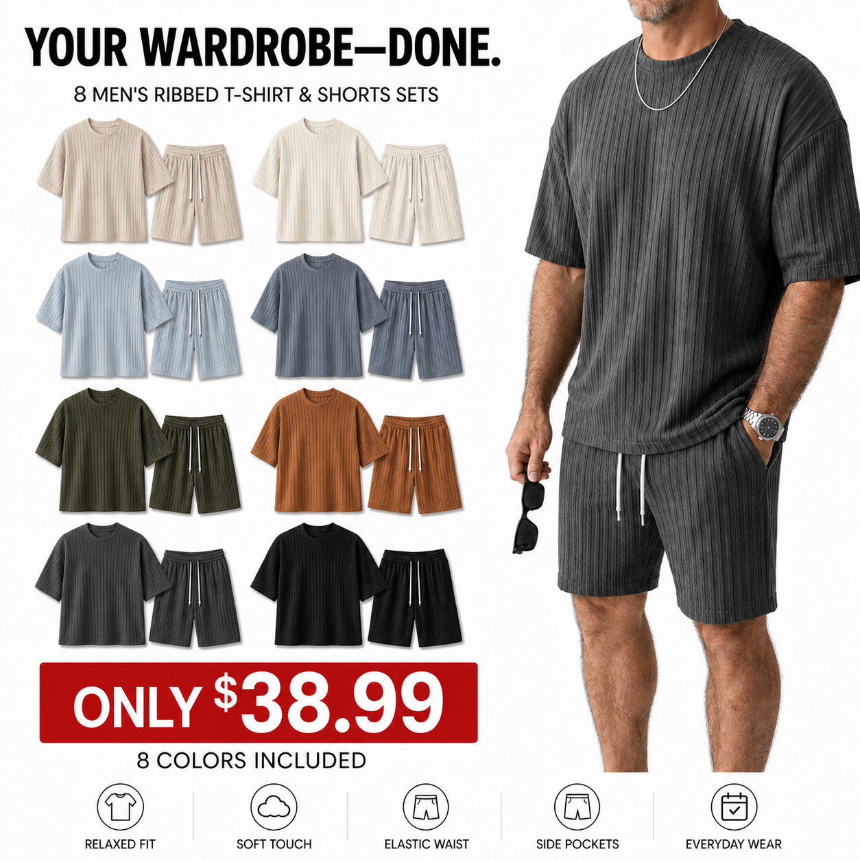 Men's Loose Fit 2-Piece Summer Set, Oversized Textured Tee with Relaxed Fit Drawstring Shorts