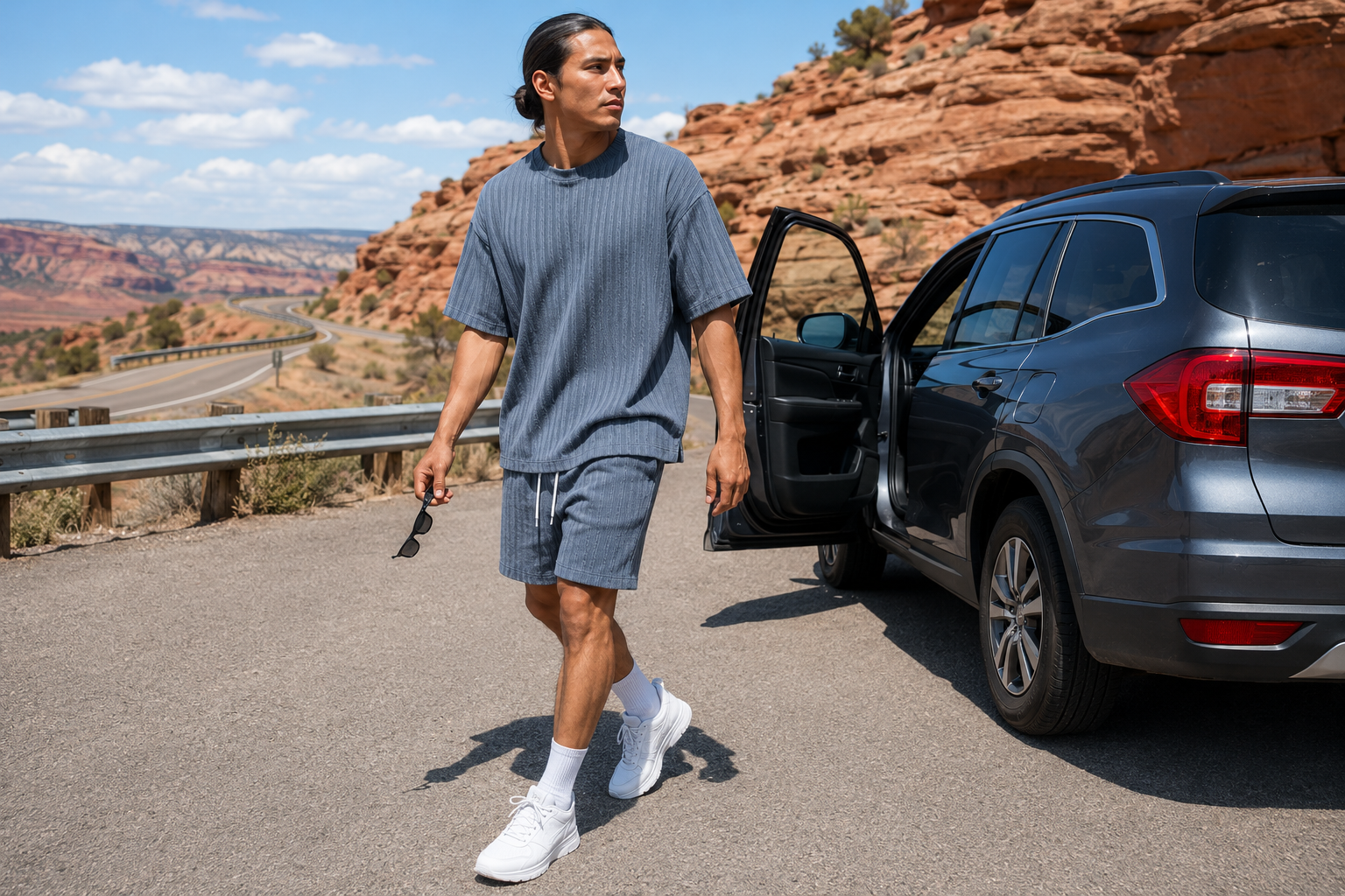 Men's Loose Fit 2-Piece Summer Set, Oversized Textured Tee with Relaxed Fit Drawstring Shorts