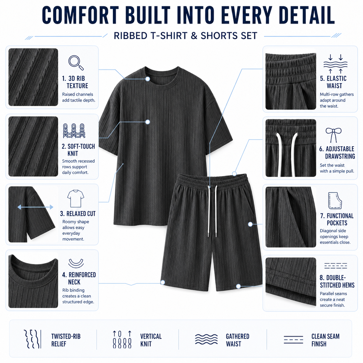 Men's Loose Fit 2-Piece Summer Set, Oversized Textured Tee with Relaxed Fit Drawstring Shorts