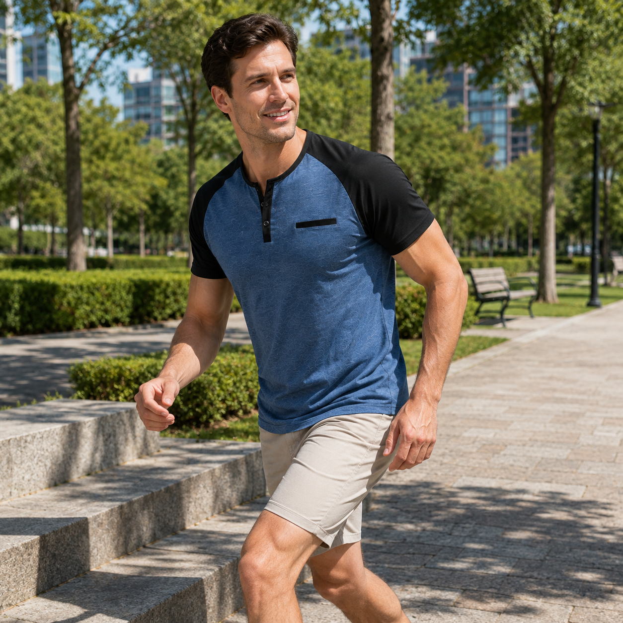 Man wearing blue colorblock Henley outdoors