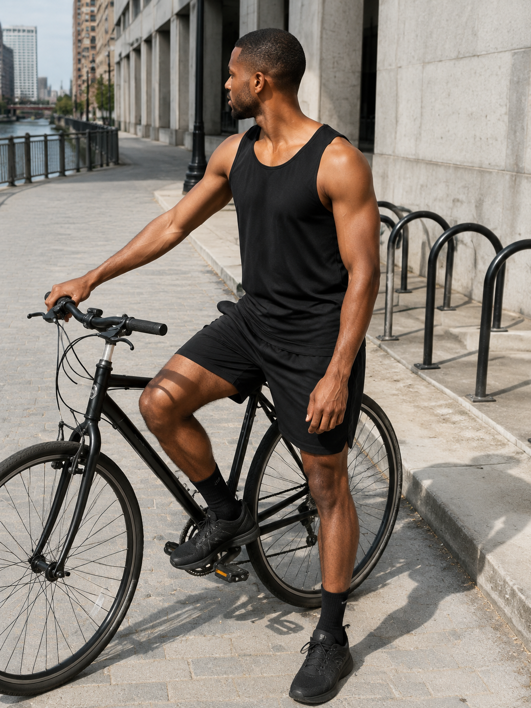 Black athletic tank top in a city cycling setting