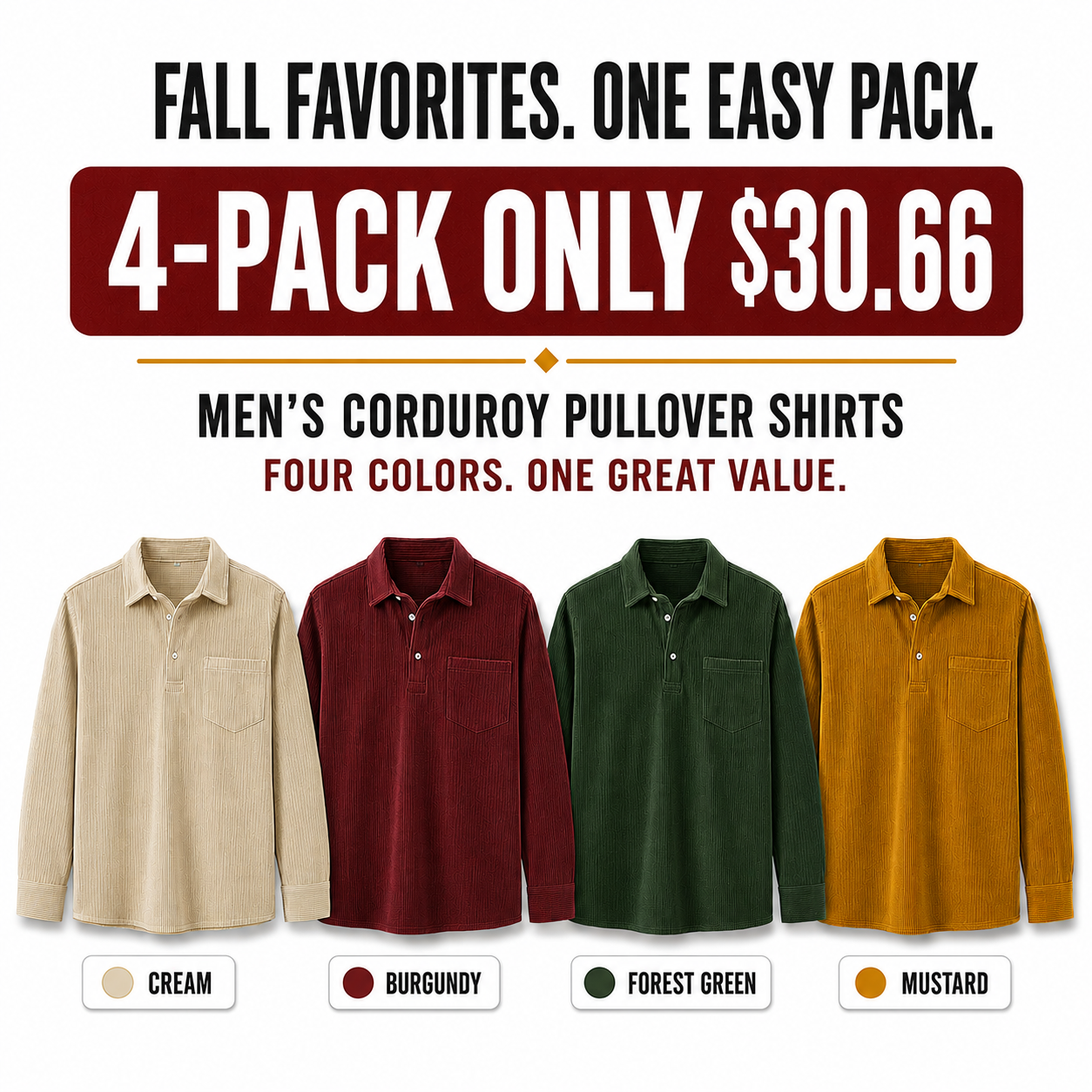 Men's Plain Pocket Half Button Corduroy Shirt, Casual Comfy Regular Fit Long Sleeve Collared Top For Fall & Winter, Men's Clothes For Daily Wear