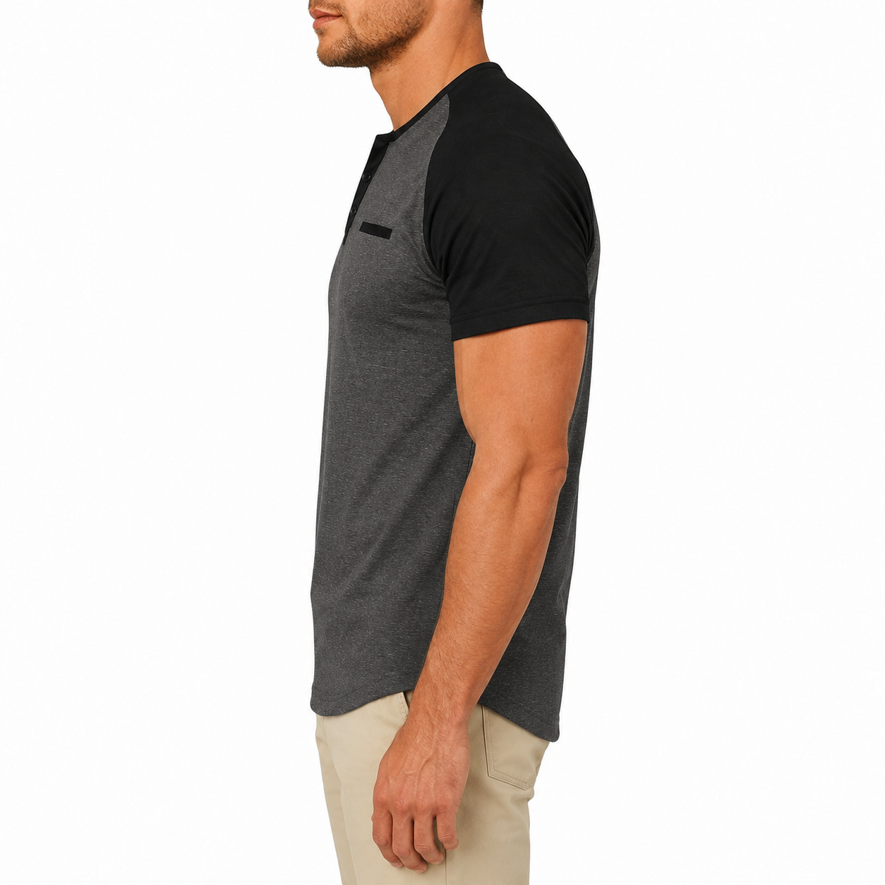 Side view of men&rsquo;s colorblock Henley shirt