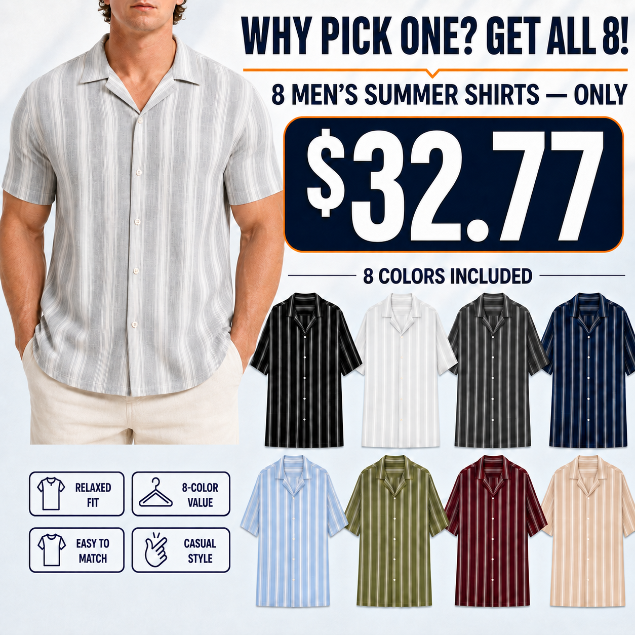 Men's Striped Summer Camp-Collar Shirts Multi-Pack