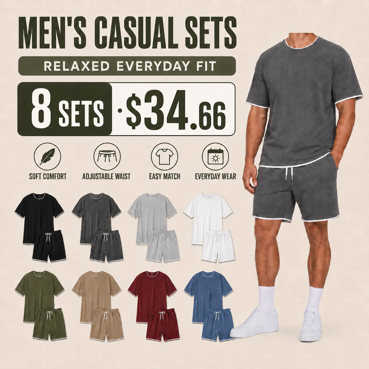 Men's Washed Raw-Edge Short-Sleeve Top & Shorts Sets