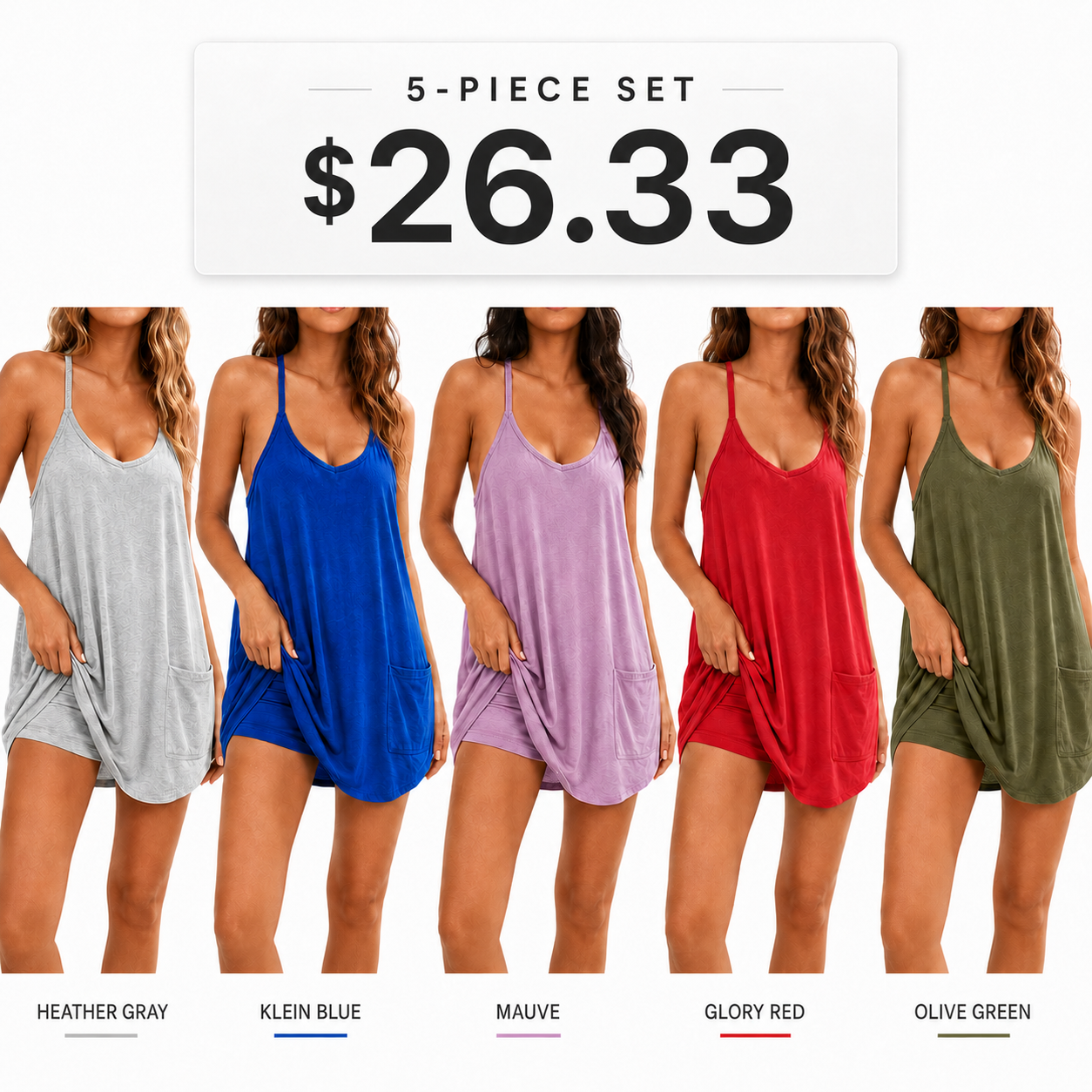Women's Summer Sleeveless Mini Dress V neck Spaghetti Straps Athletic Built-in Shorts Sundress SummerVibes