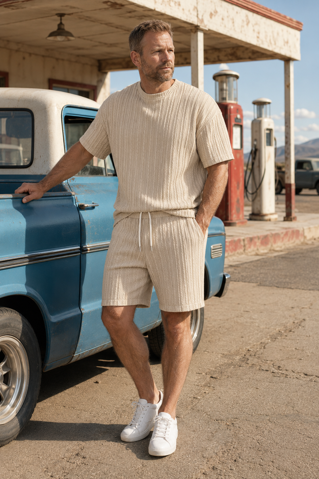 Men's Loose Fit 2-Piece Summer Set, Oversized Textured Tee with Relaxed Fit Drawstring Shorts