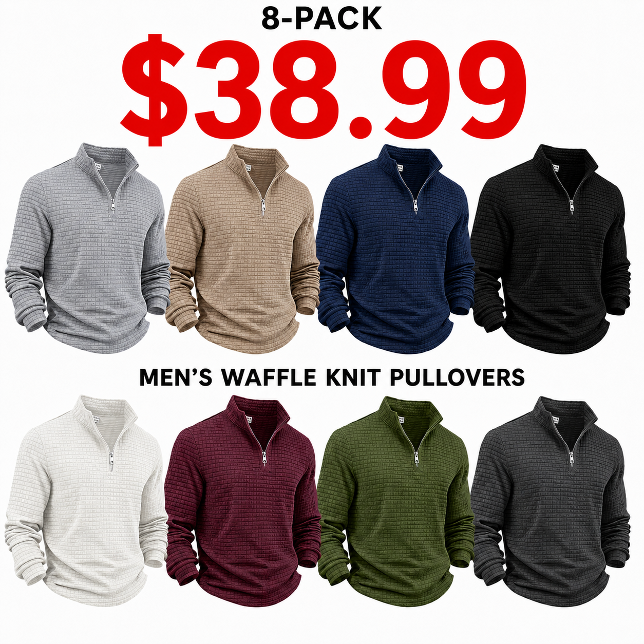 Men's autumn and winter solid color waffle weave pullover sweatshirt, regular style leisure casual zipper placket knit zip up long sleeve knitted sweater knitwear, men' outdoor sports clothing