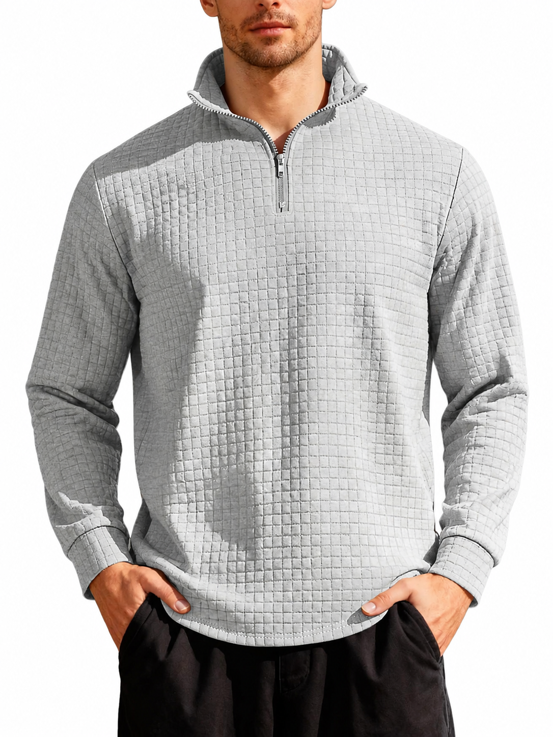 Men's autumn and winter solid color waffle weave pullover sweatshirt, regular style leisure casual zipper placket knit zip up long sleeve knitted sweater knitwear, men' outdoor sports clothing