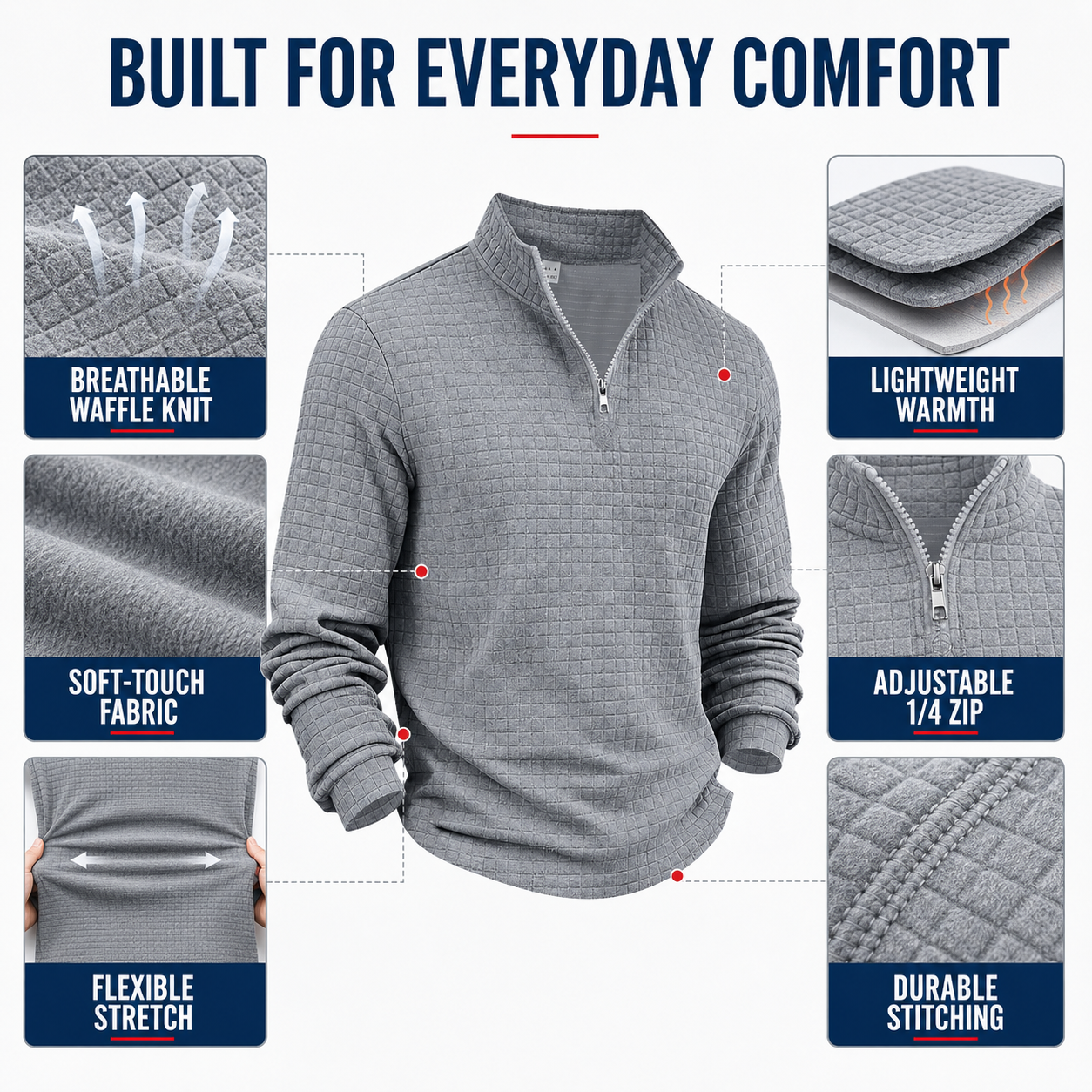 Men's autumn and winter solid color waffle weave pullover sweatshirt, regular style leisure casual zipper placket knit zip up long sleeve knitted sweater knitwear, men' outdoor sports clothing