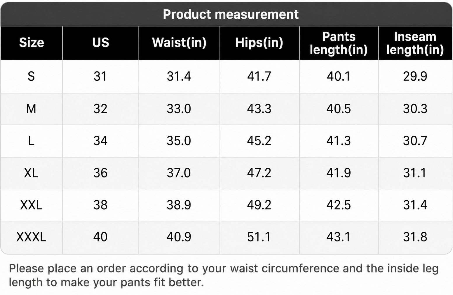 Original tactical pants product measurement chart