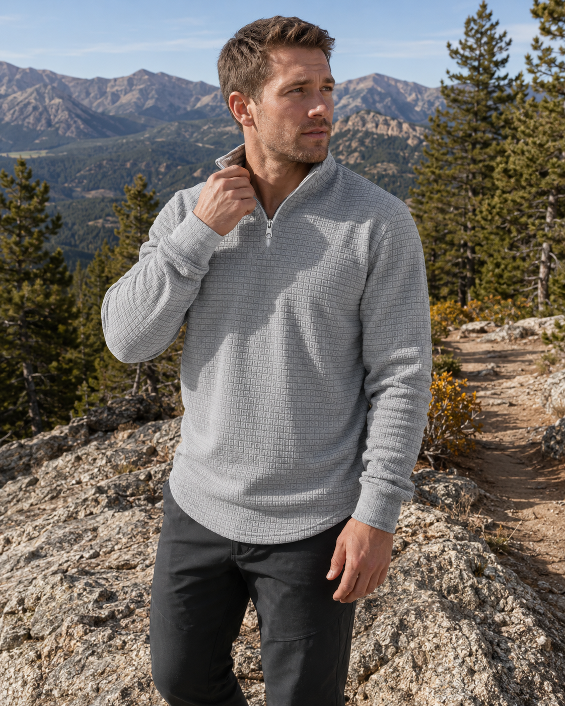 Men's autumn and winter solid color waffle weave pullover sweatshirt, regular style leisure casual zipper placket knit zip up long sleeve knitted sweater knitwear, men' outdoor sports clothing