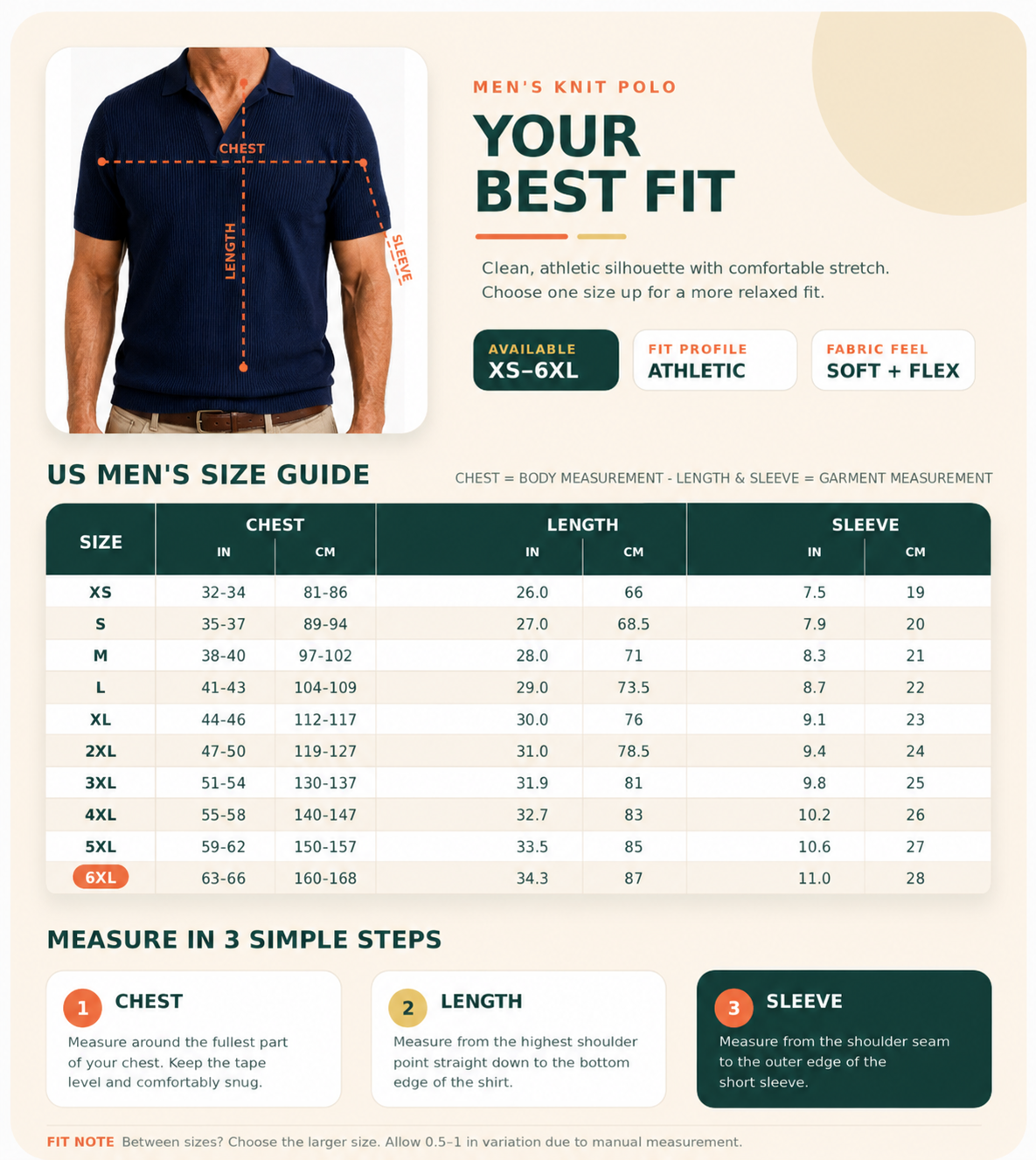 Men's polo fit and size reference