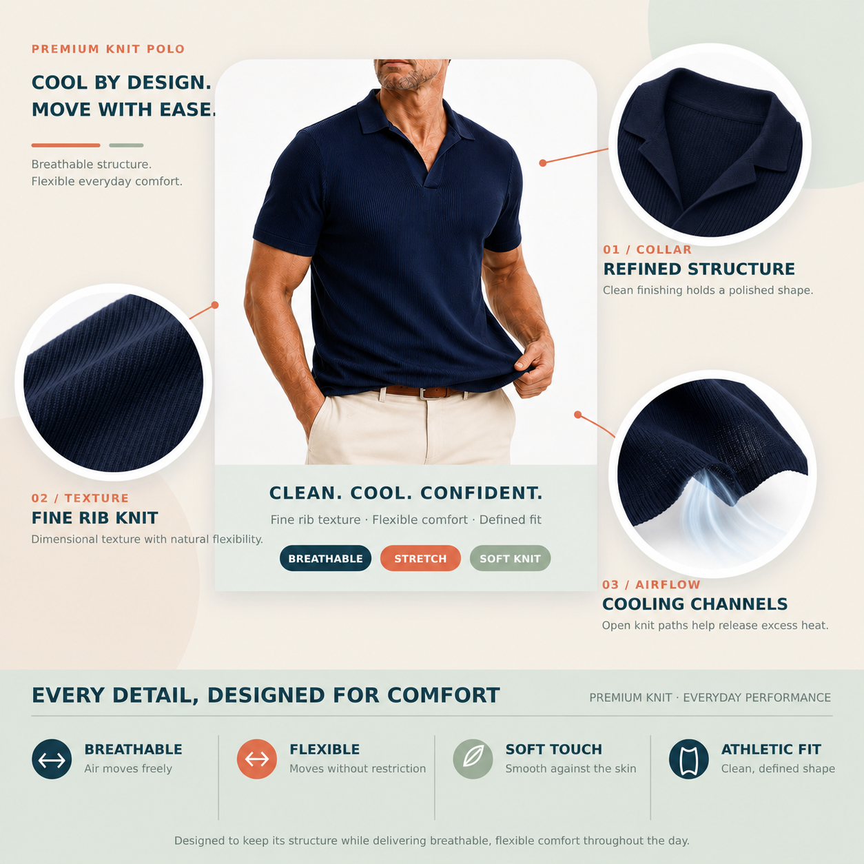 Open collar and rib-knit polo details