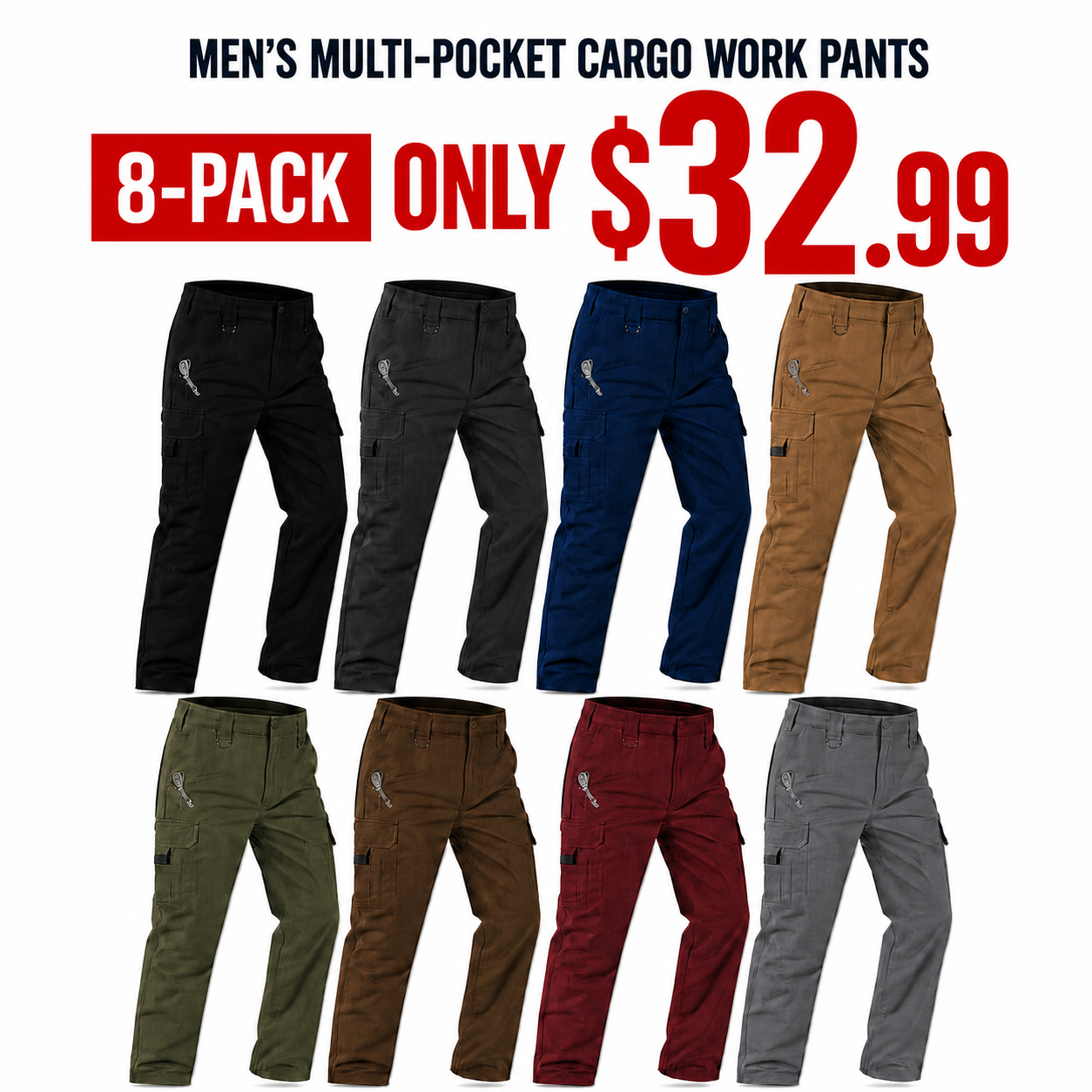 Men‘s Work Pants Water Resistant Elastic Waist Outdoor Breathable Cargo Tactical Pants with 8 Pockets