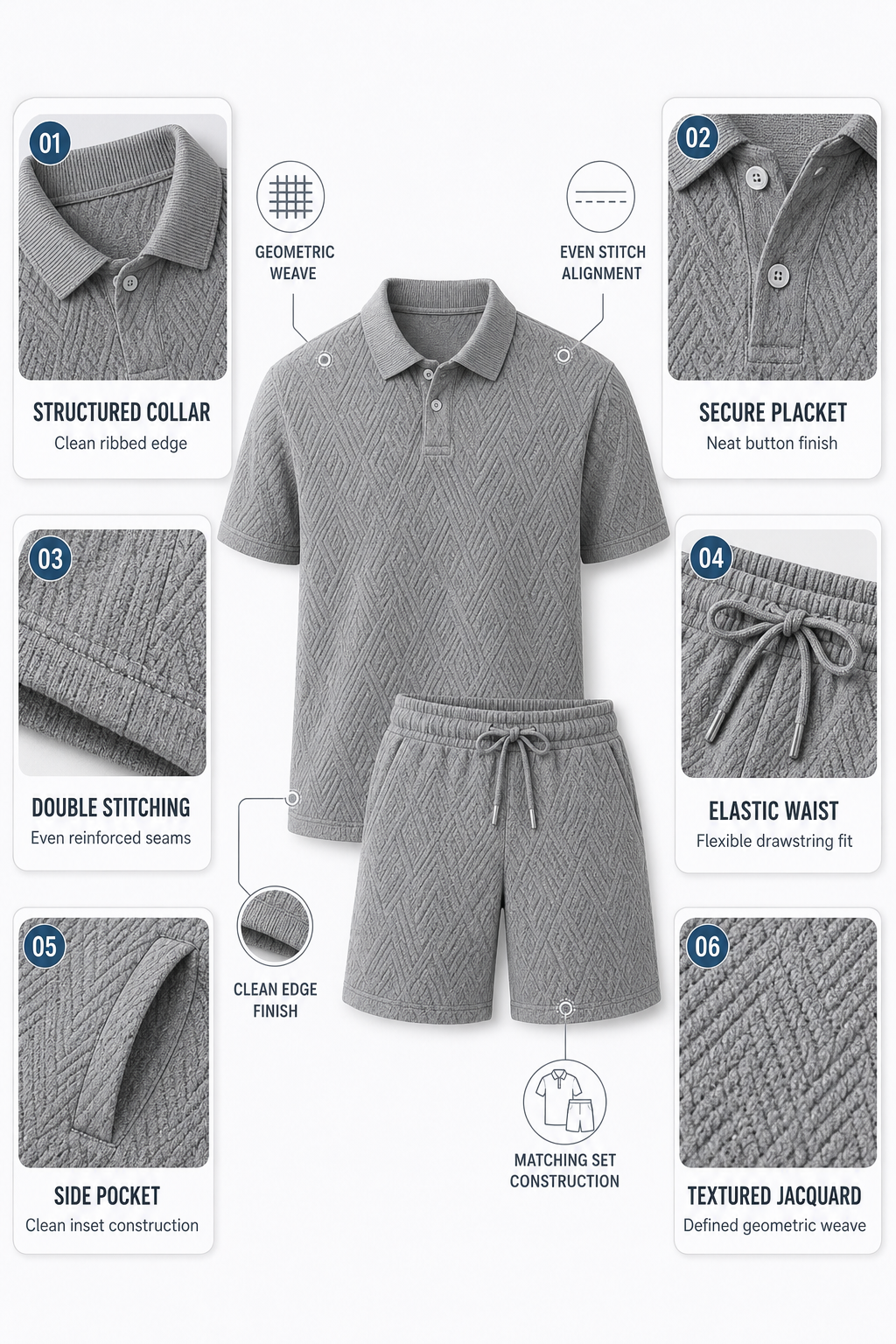   Men’s Textured Jacquard Polo Shirt & Drawstring Shorts Set