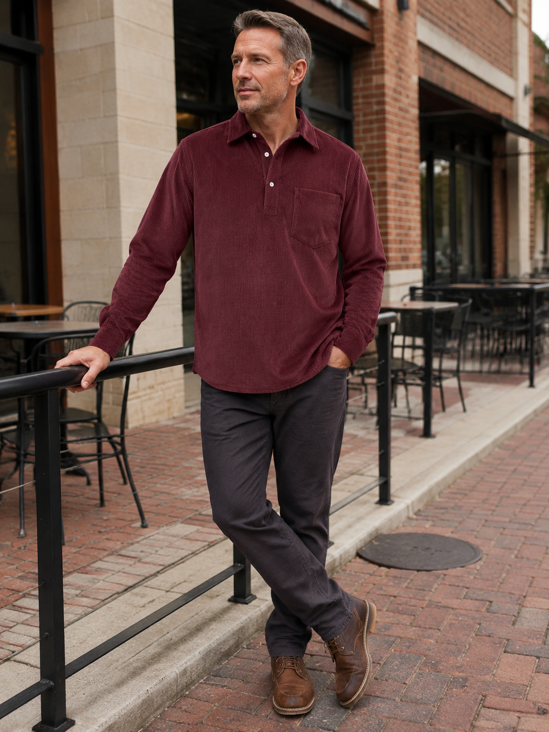 Men's Plain Pocket Half Button Corduroy Shirt, Casual Comfy Regular Fit Long Sleeve Collared Top For Fall & Winter, Men's Clothes For Daily Wear