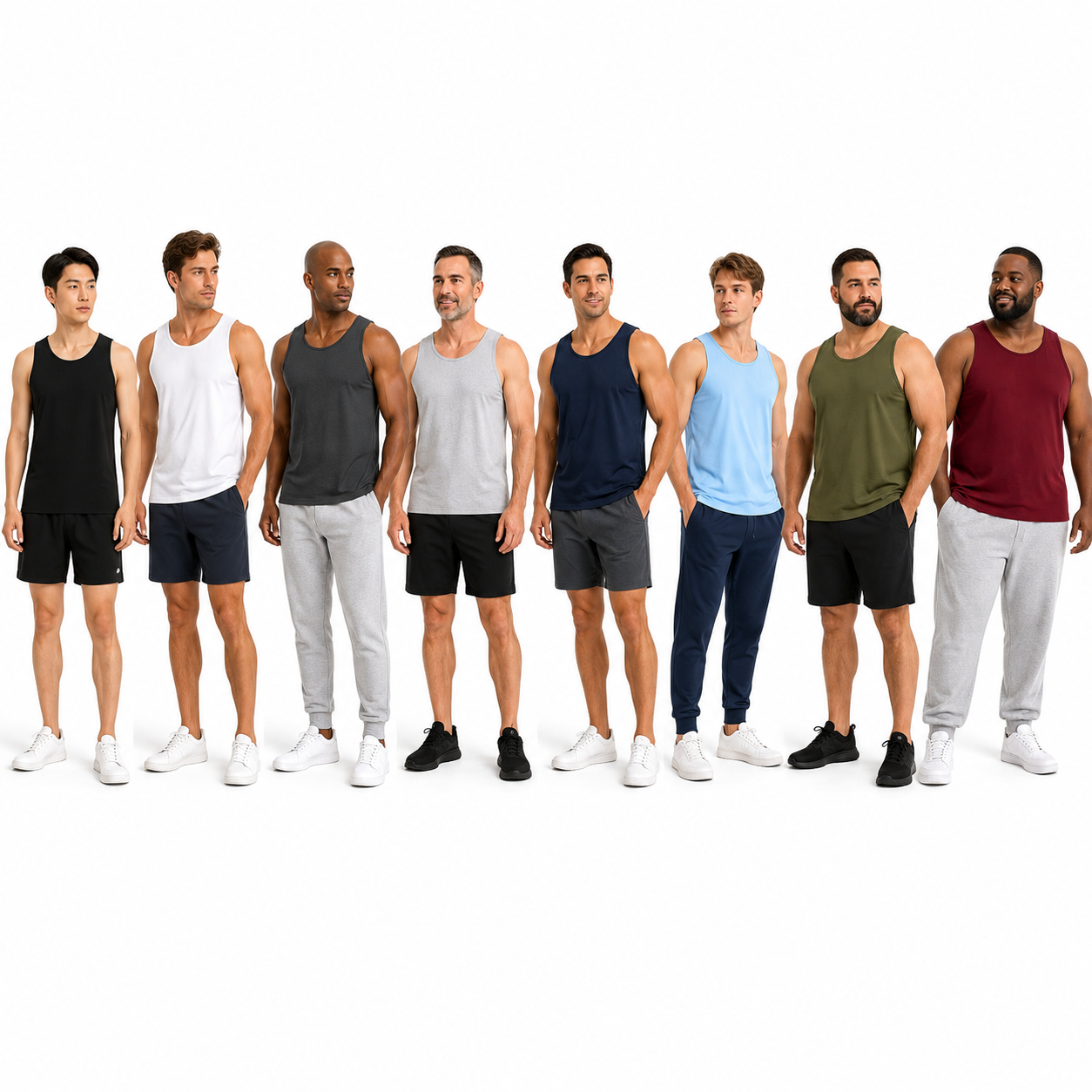 Eight models wearing the athletic tank top color lineup