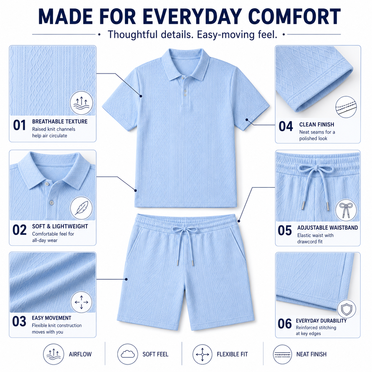 Men's Textured Polo & Shorts Matching Sets Multi-Pack