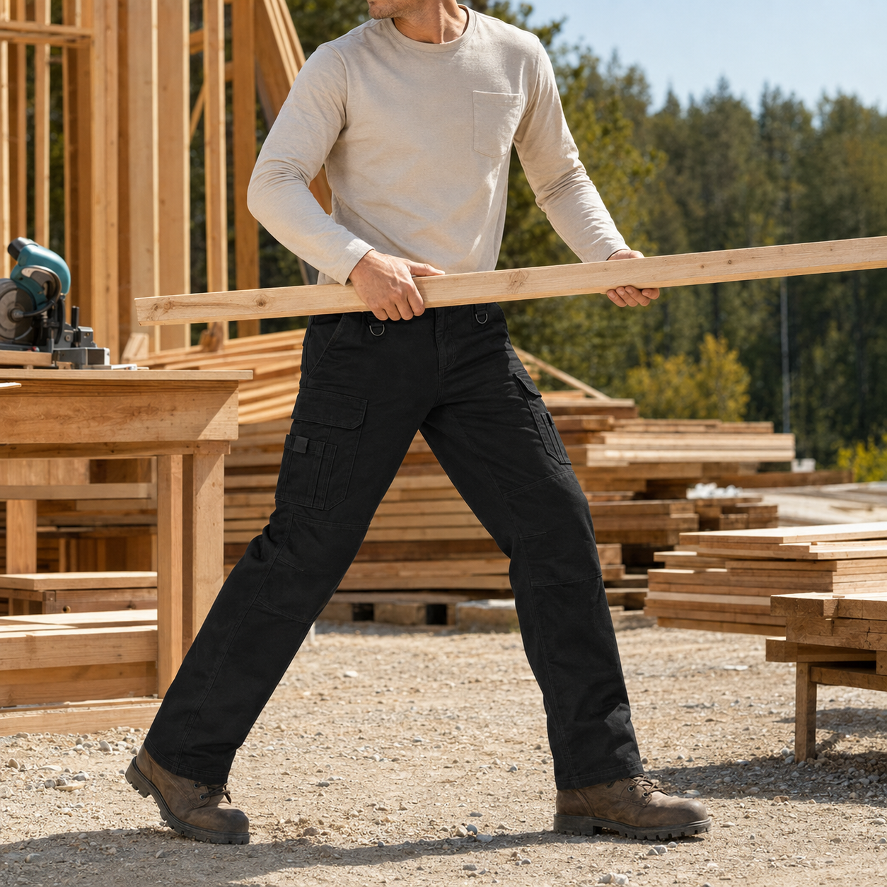 Men‘s Work Pants Water Resistant Elastic Waist Outdoor Breathable Cargo Tactical Pants with 8 Pockets