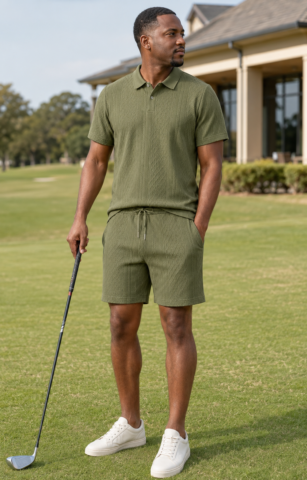 Men's Textured Polo & Shorts Matching Sets Multi-Pack