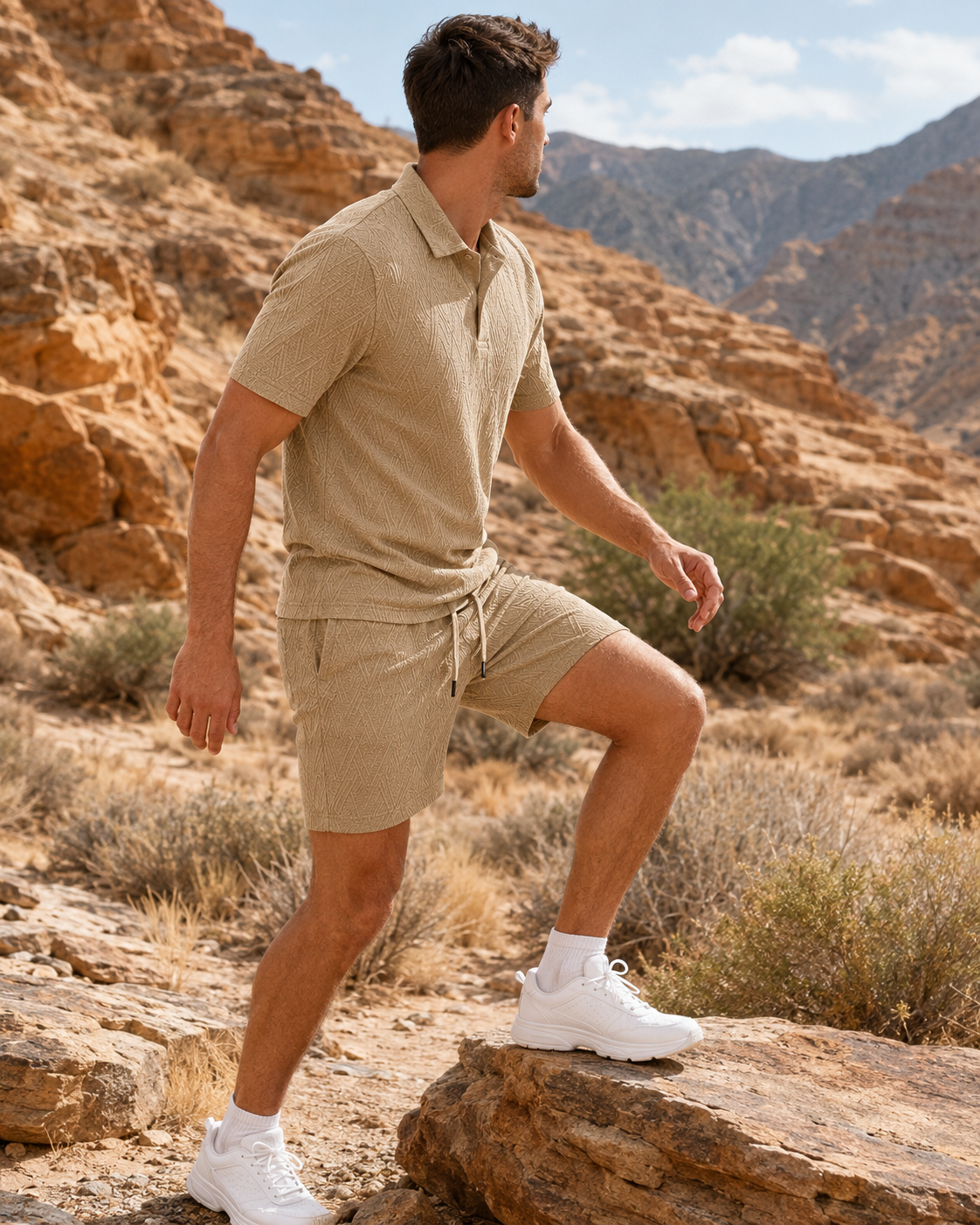   Men’s Textured Jacquard Polo Shirt & Drawstring Shorts Set