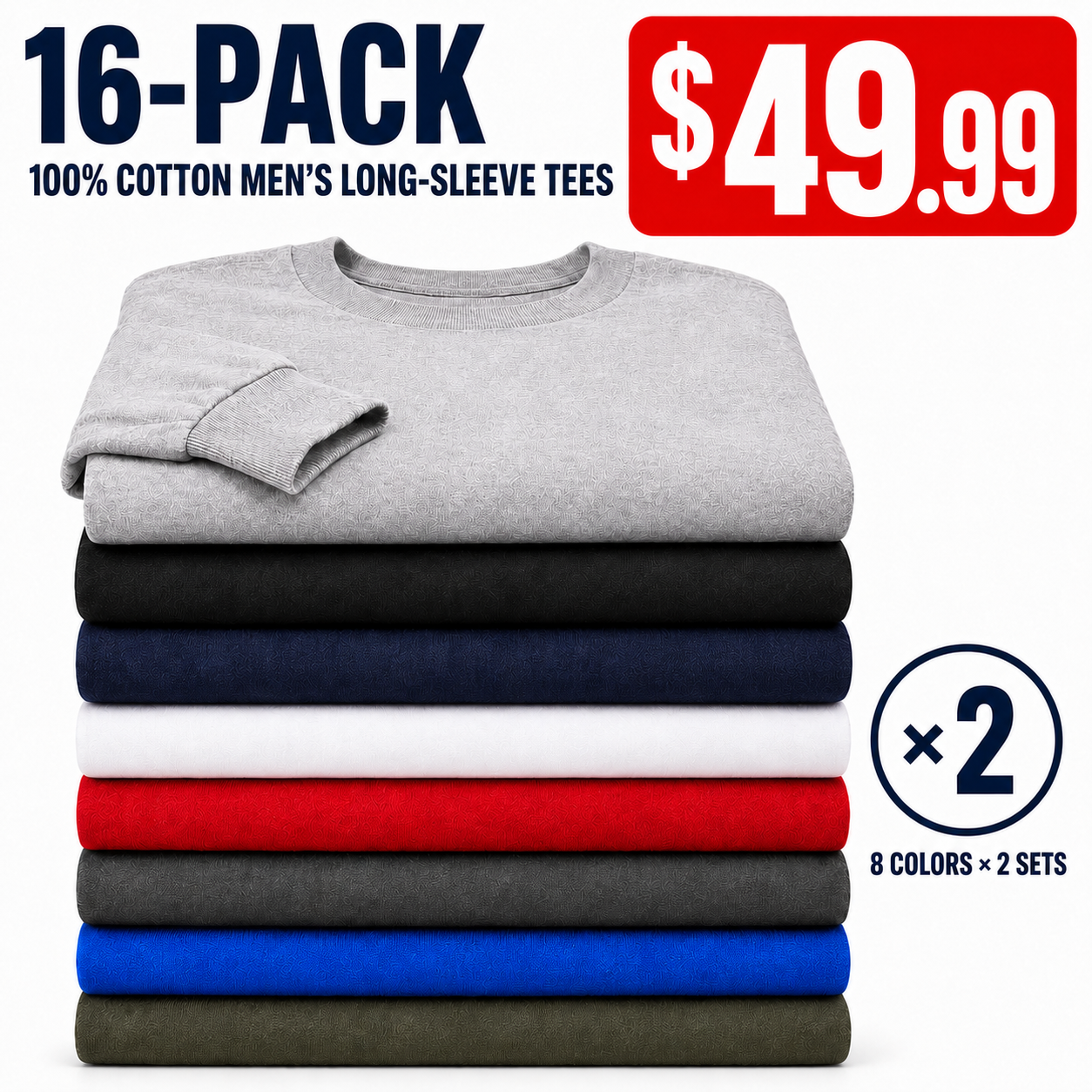Men's 100% Cotton Long Sleeve T-Shirt Multi-Pack Comfortable Everyday Basic Tees with Ribbed Cuffs