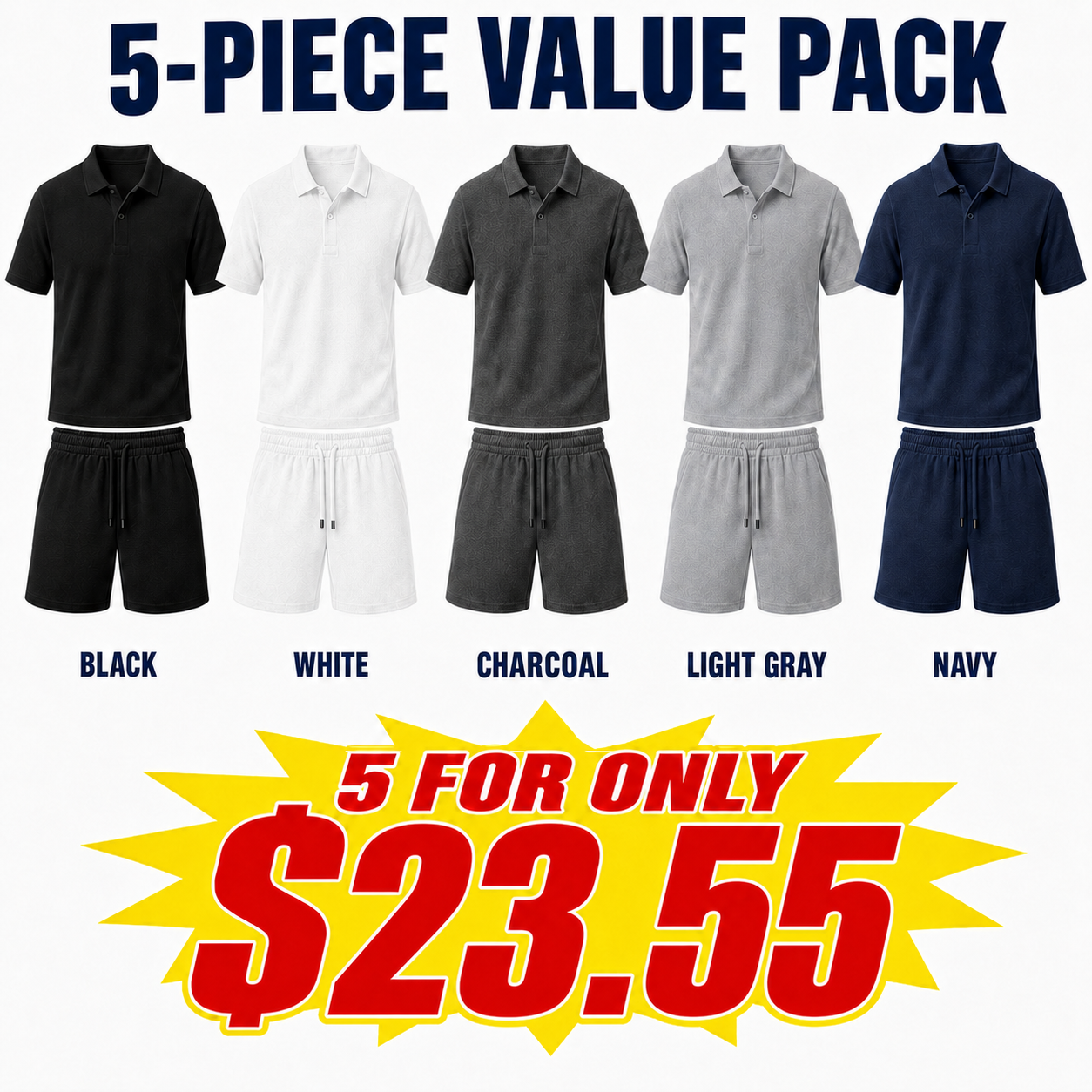 Men’s Textured Jacquard Polo Shirt & Drawstring Shorts Set