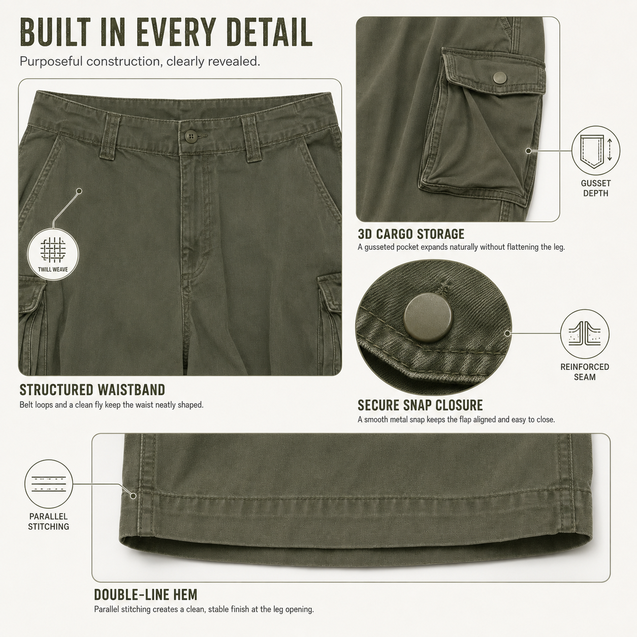 Utility cargo pants construction details