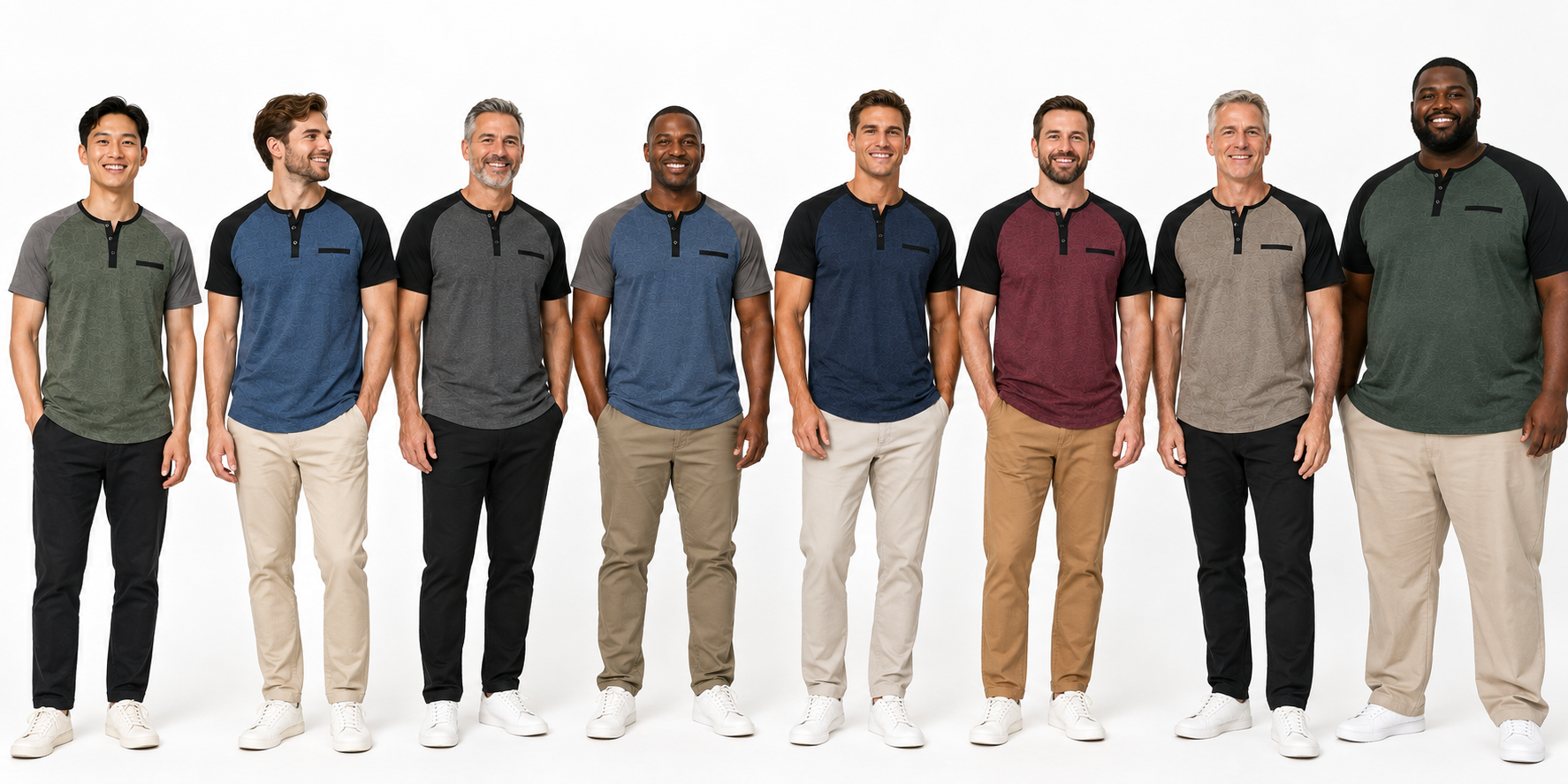 Different adult men wearing colorblock Henley shirts