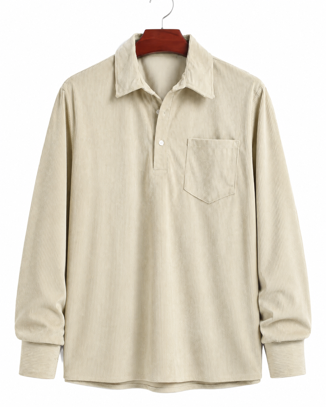 Men's Plain Pocket Half Button Corduroy Shirt, Casual Comfy Regular Fit Long Sleeve Collared Top For Fall & Winter, Men's Clothes For Daily Wear