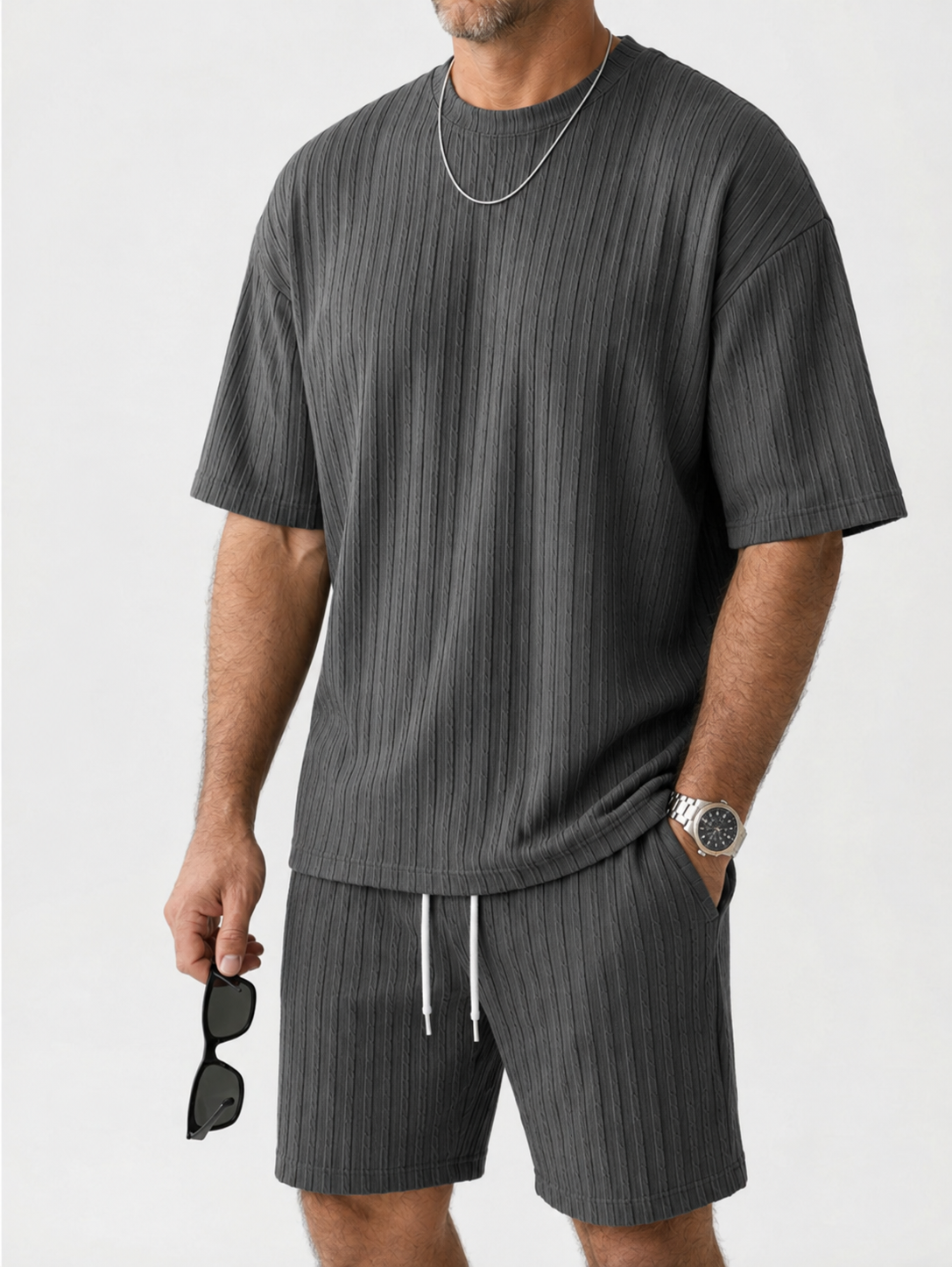Men's Loose Fit 2-Piece Summer Set, Oversized Textured Tee with Relaxed Fit Drawstring Shorts