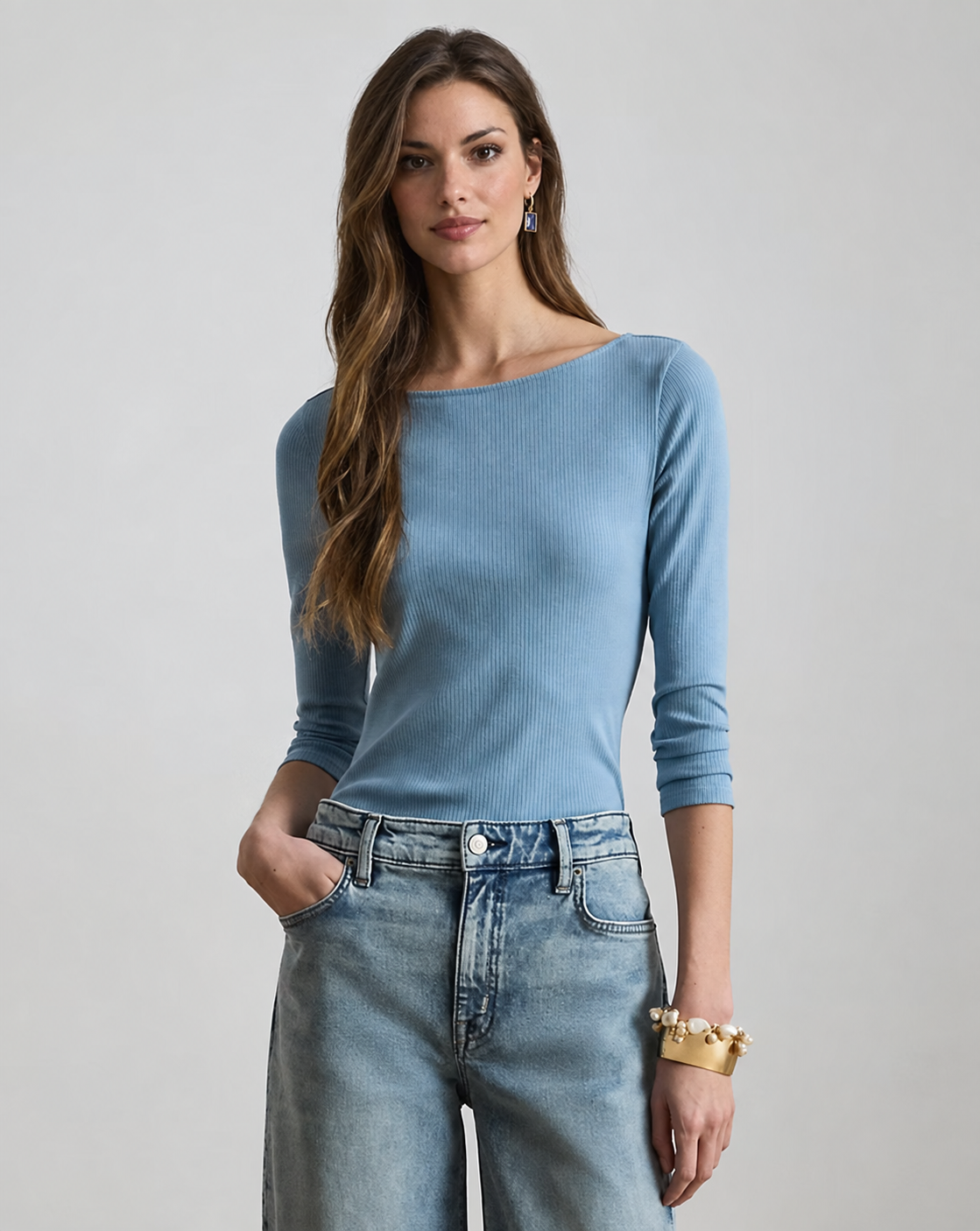 Women's Rib-Knit Cotton-Blend Boatneck Tee
