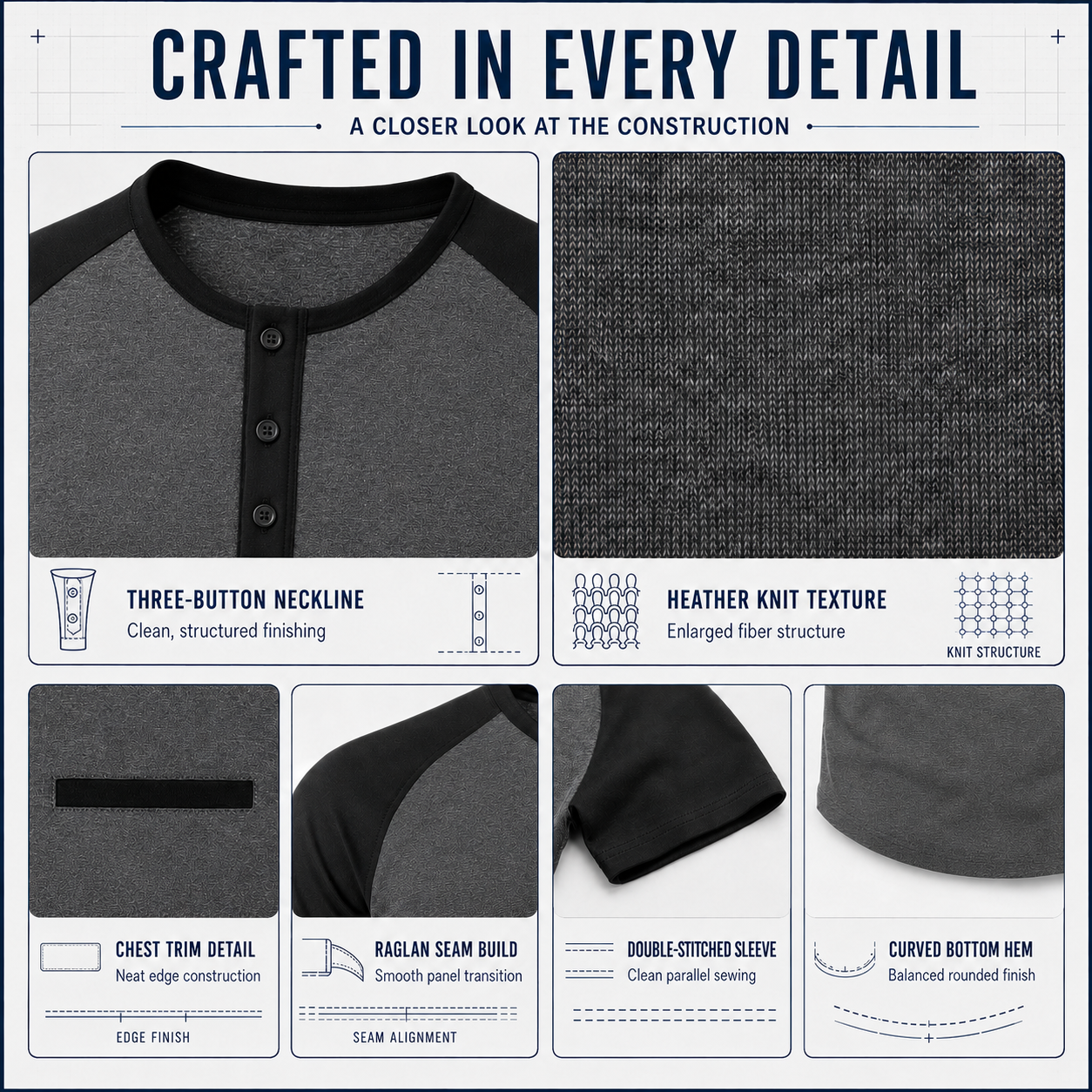 Close-up details of the colorblock Henley shirt
