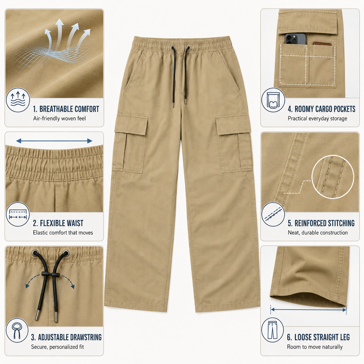 Men’s Drawstring Straight-Leg Cargo Pants