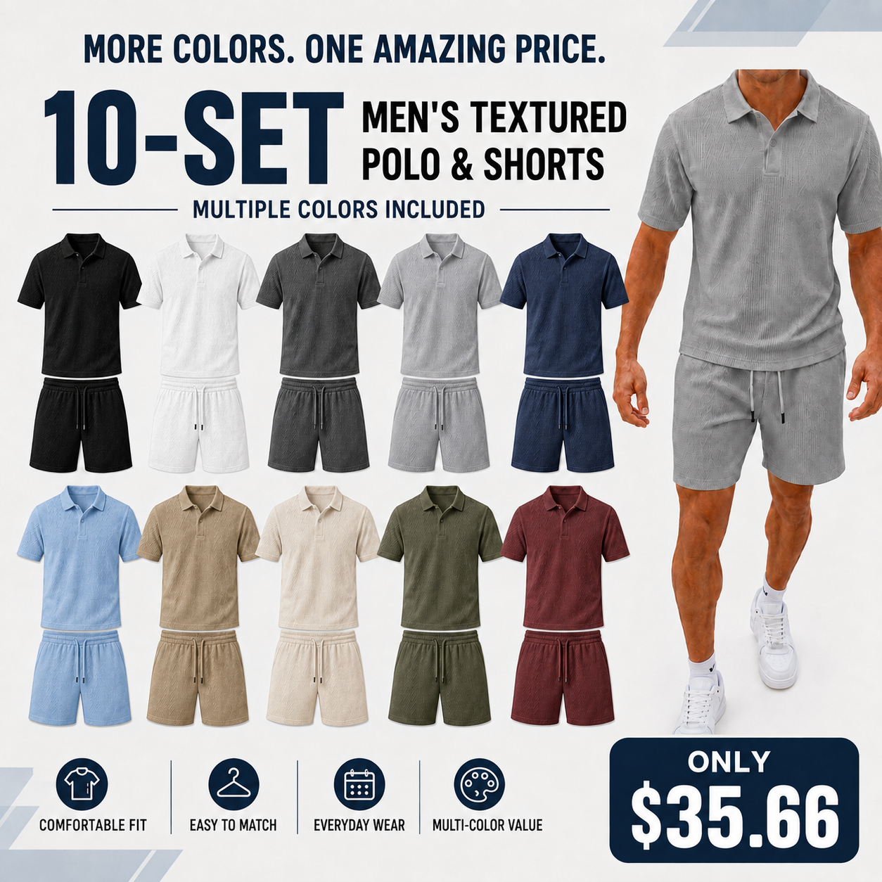 Men’s Textured Jacquard Polo Shirt & Drawstring Shorts Set
